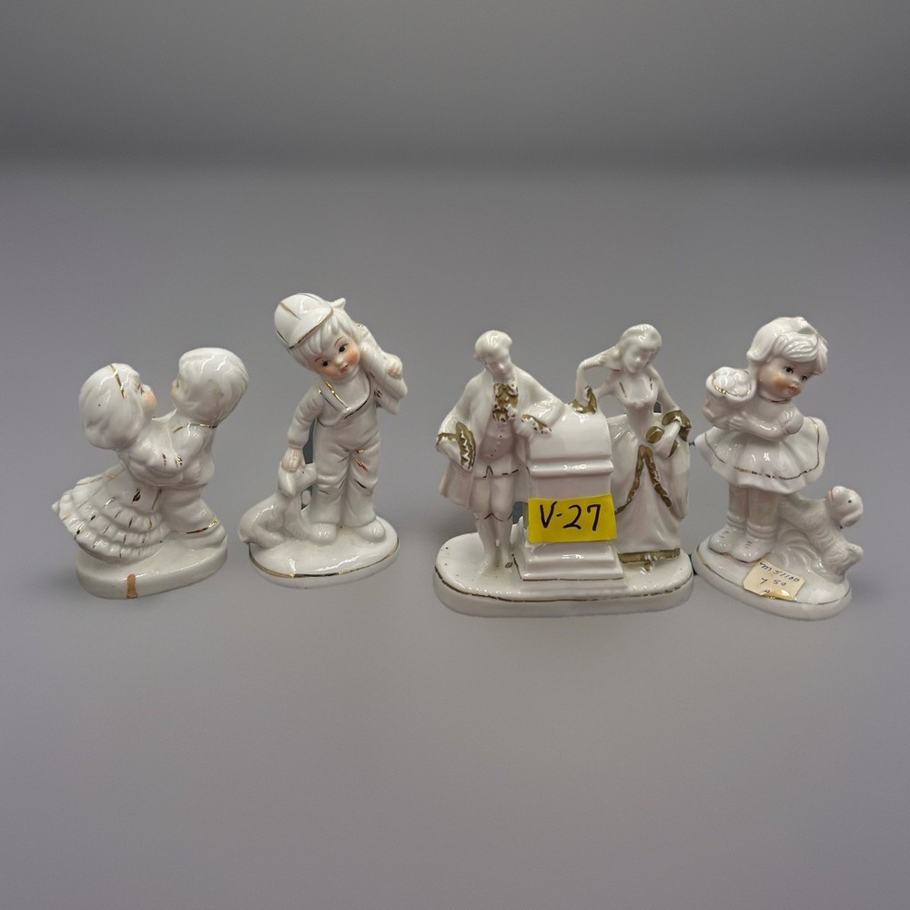 Lots of 4‎ vintage white glazed figurines with gold accents